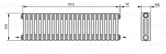 Схема (чертеж) Радиатор Zehnder Charleston 3037/22 №2670 Белый глянцевый RAL 9016